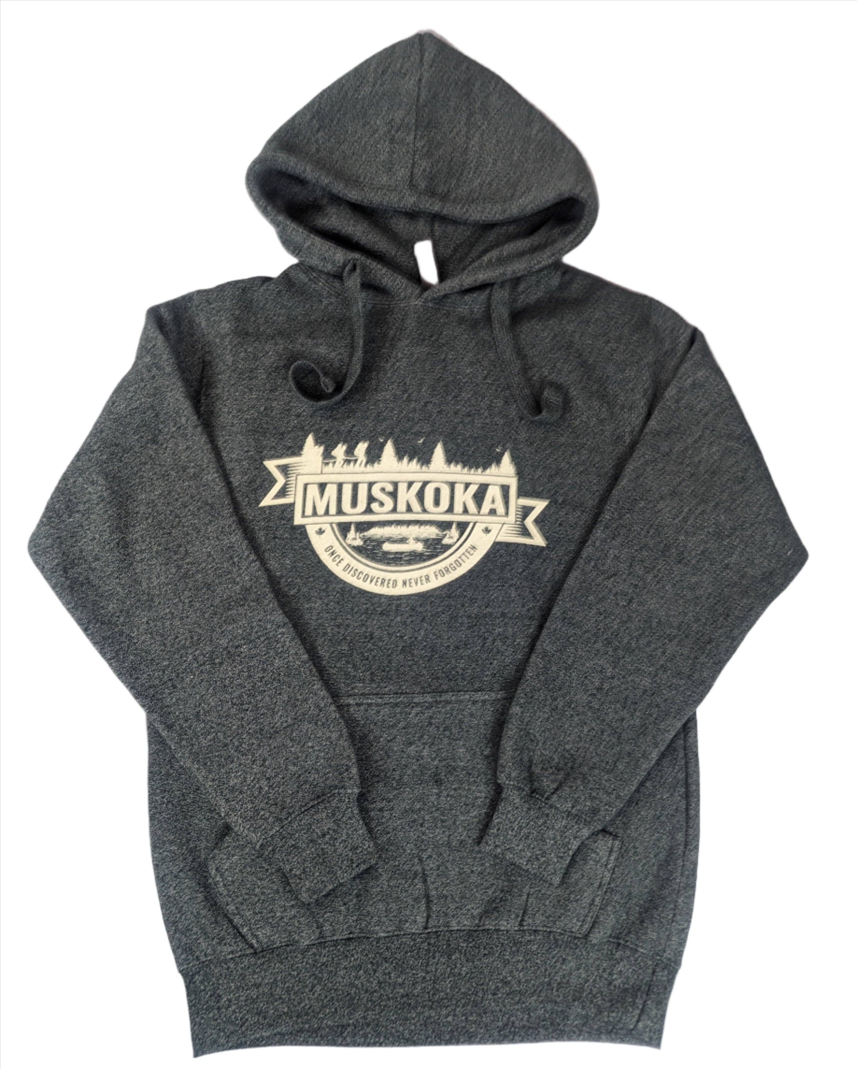 A gray hoodie with a 'MUSKOKA' logo printed on the front.