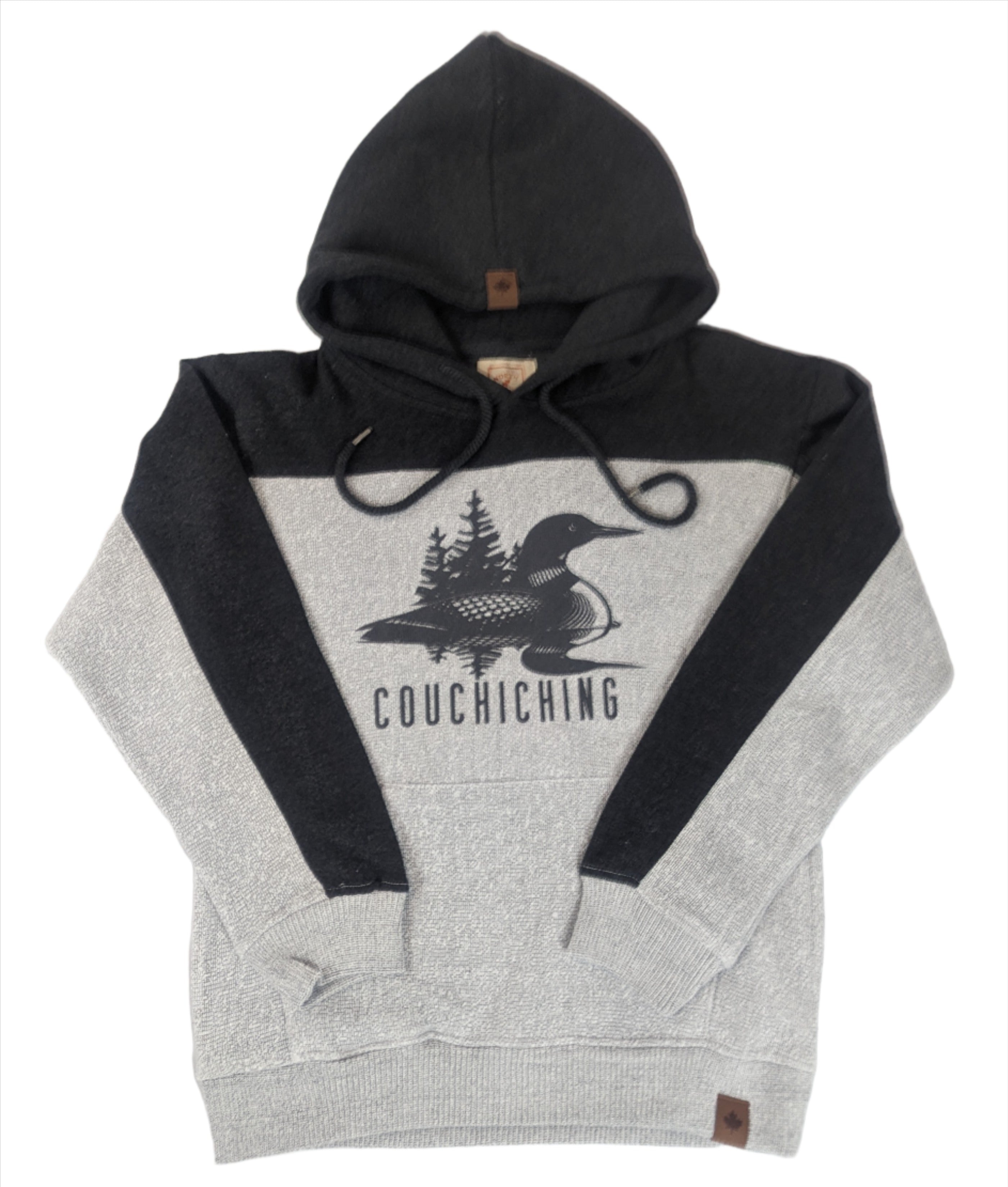A hooded sweatshirt with a loon bird design and the text 'COUCHICHING' on the front.
