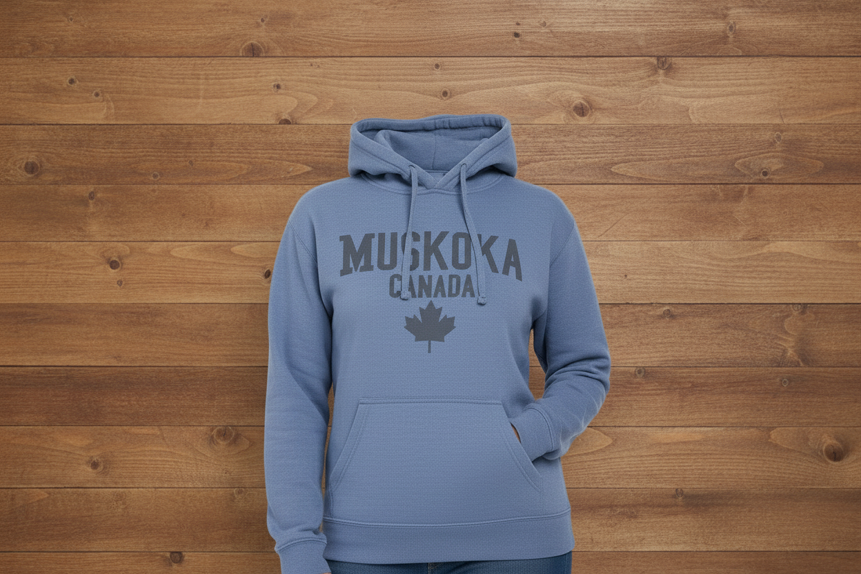 Person wearing a blue hoodie with 'Muskoka Canada' text and maple leaf design on a white background
