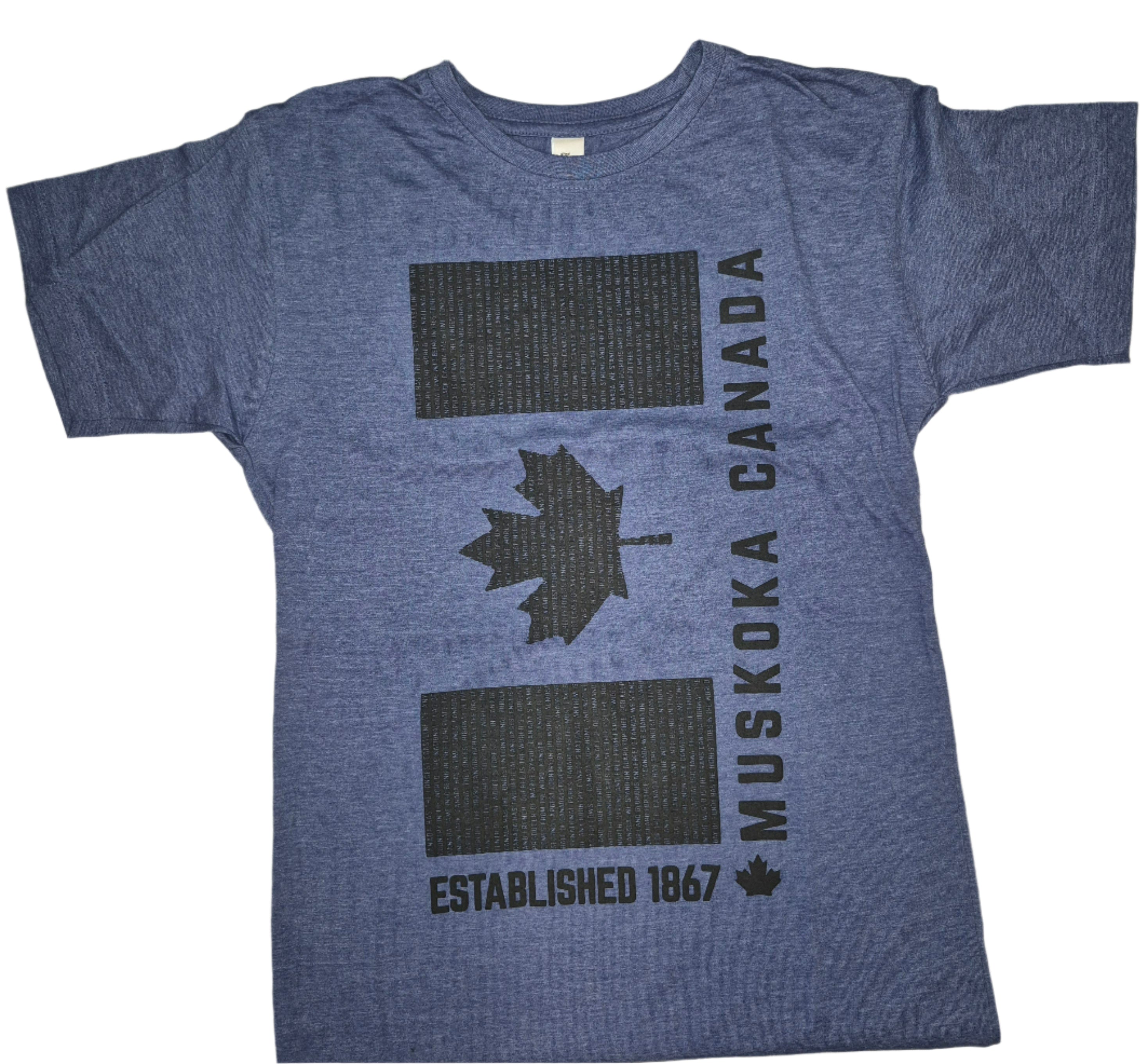 Blue t-shirt with black graphics and text on a gray surface