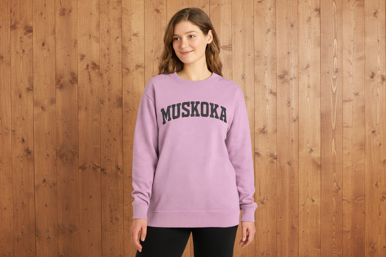 Person wearing a pink 'Muskoka' sweatshirt on a light gray background