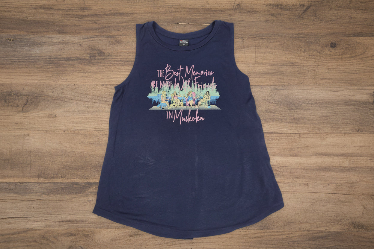 A navy blue tank top with a graphic print that includes the text 'Best Memories are made with friends in Muskoka.'