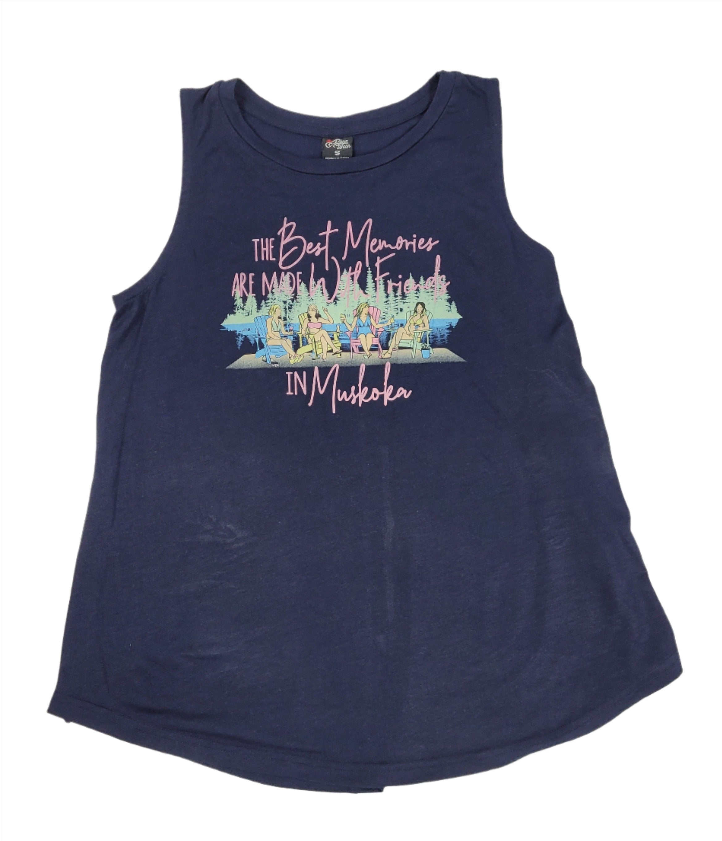 A navy blue tank top with a graphic print that includes the text 'Best Memories are made with friends in Muskoka.'
