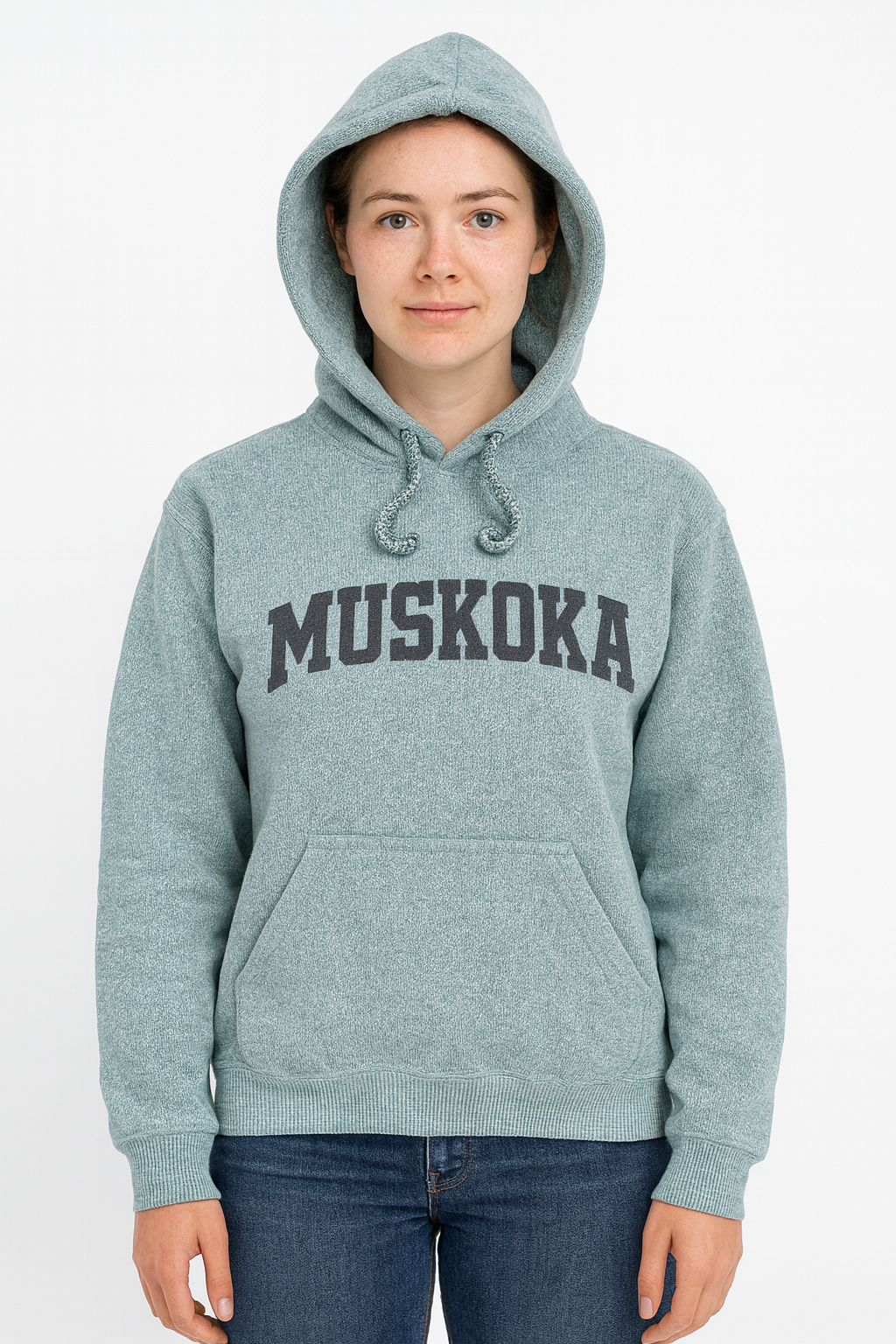 Person wearing a light blue hoodie with 'Muskoka' text on a white background