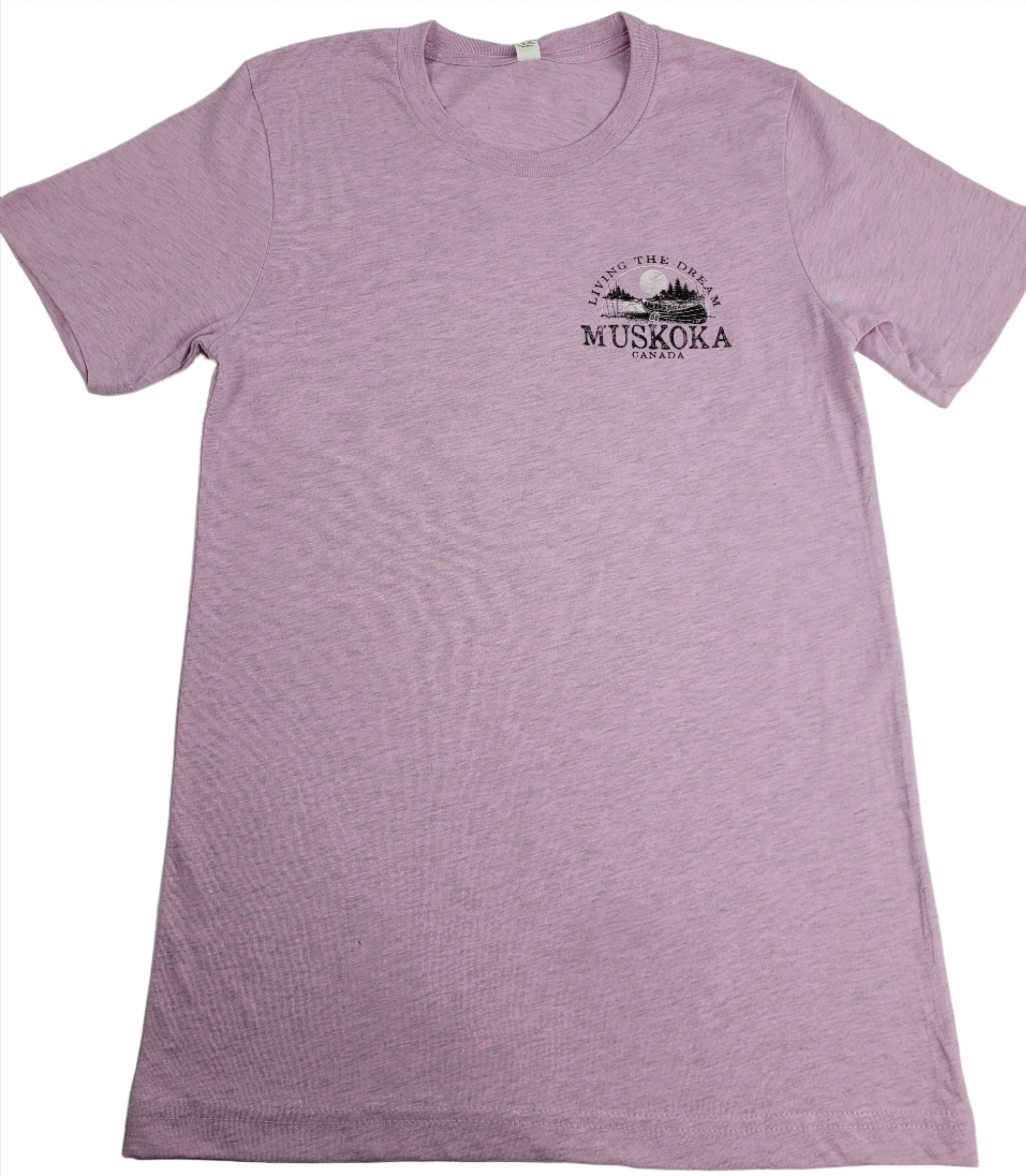 A pink Muskoka T-shirt with short sleeves and a graphic on the chest.