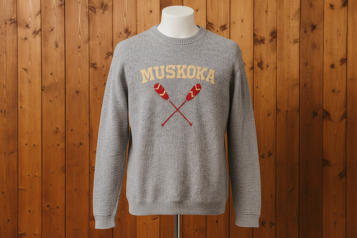 Man wearing a gray sweater with 'Muskoka' and canoe design, smiling against a plain background