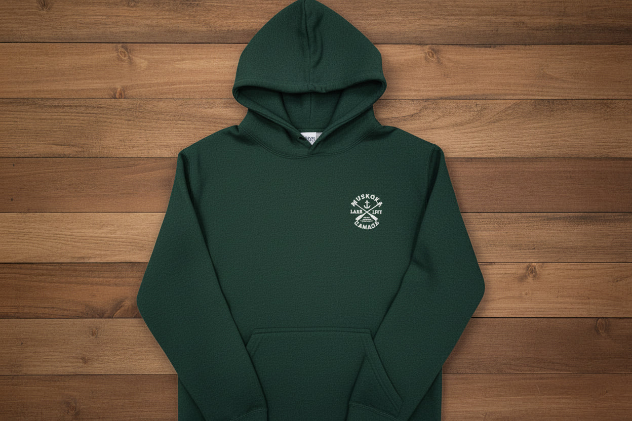 Dark green hoodie with a logo on a white background