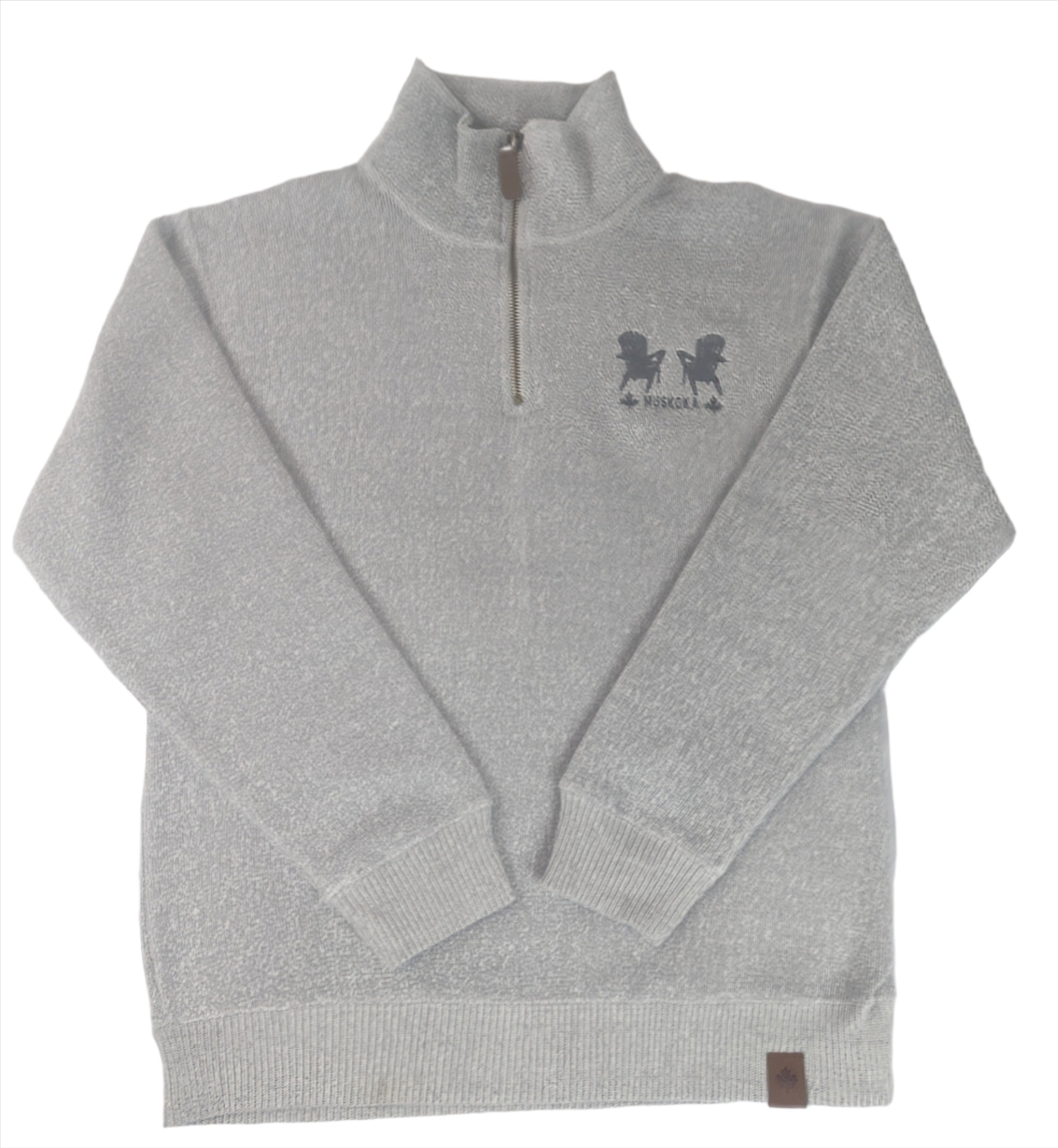 A grey quarter zip sweater with a small logo on the upper left side, made of cotton and polyester, displayed on a white background.