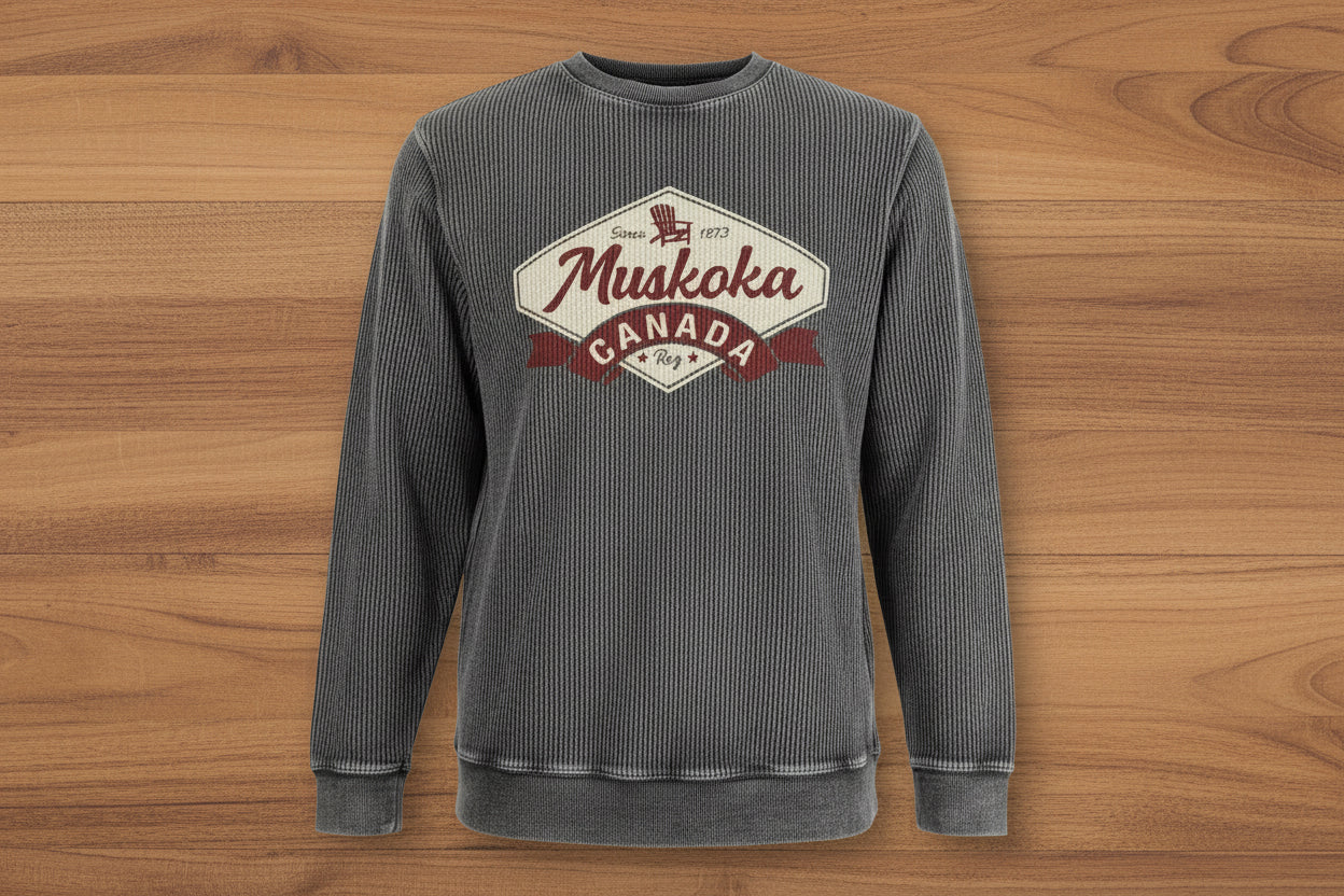 A gray cotton blend sweatshirt with ribbed long sleeves and banded cuffs, featuring a 'Muskoka Canada' graphic on the front.