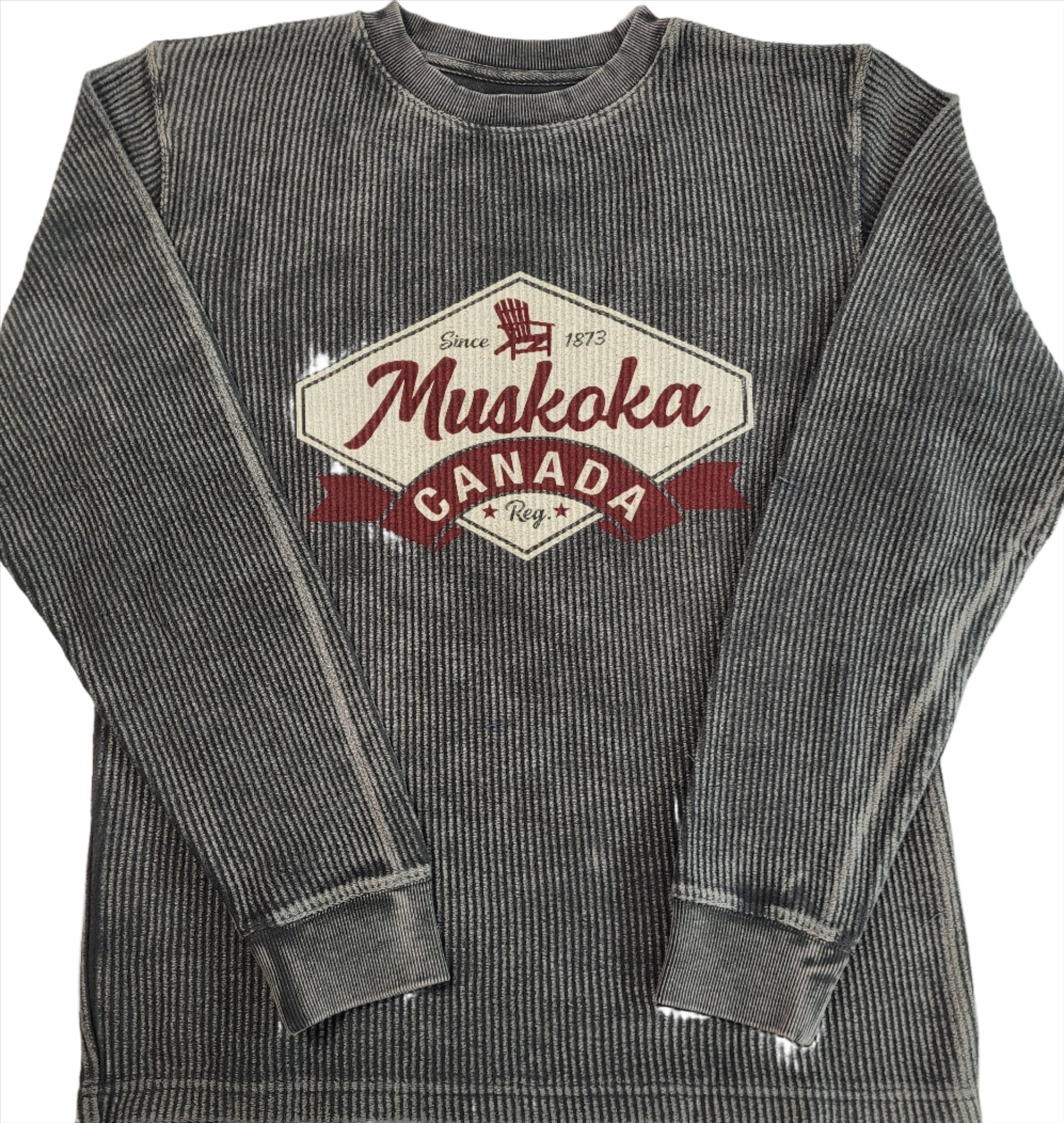 A gray cotton blend sweatshirt with ribbed long sleeves and banded cuffs, featuring a 'Muskoka Canada' graphic on the front.