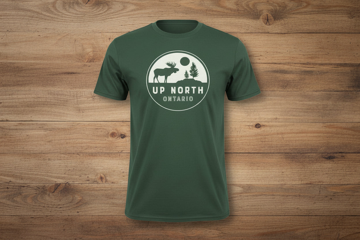 Green short sleeve t-shirt with 'UP NORTH ONTARIO' text and a moose graphic in the center.