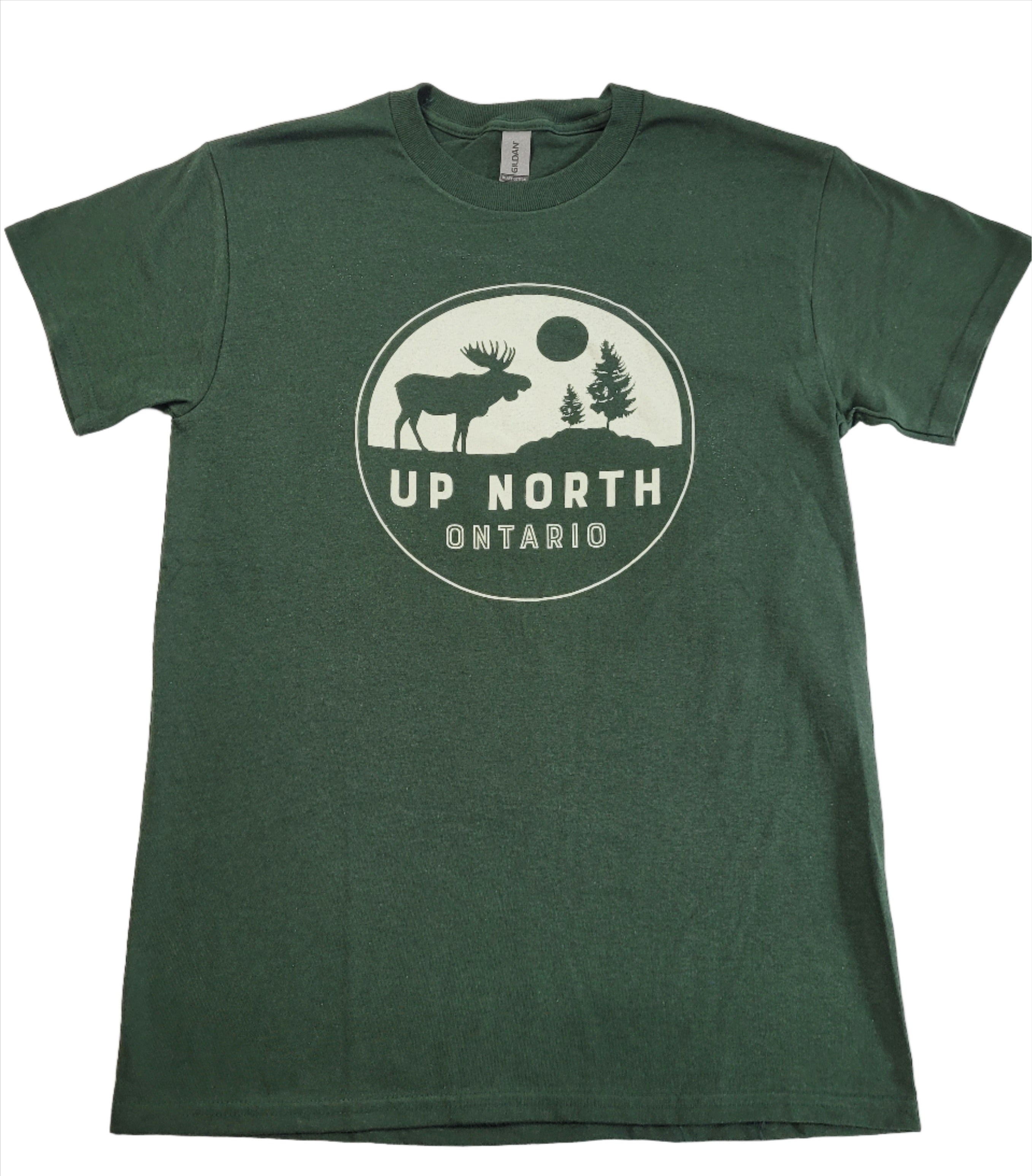 Green short sleeve t-shirt with 'UP NORTH ONTARIO' text and a moose graphic in the center.