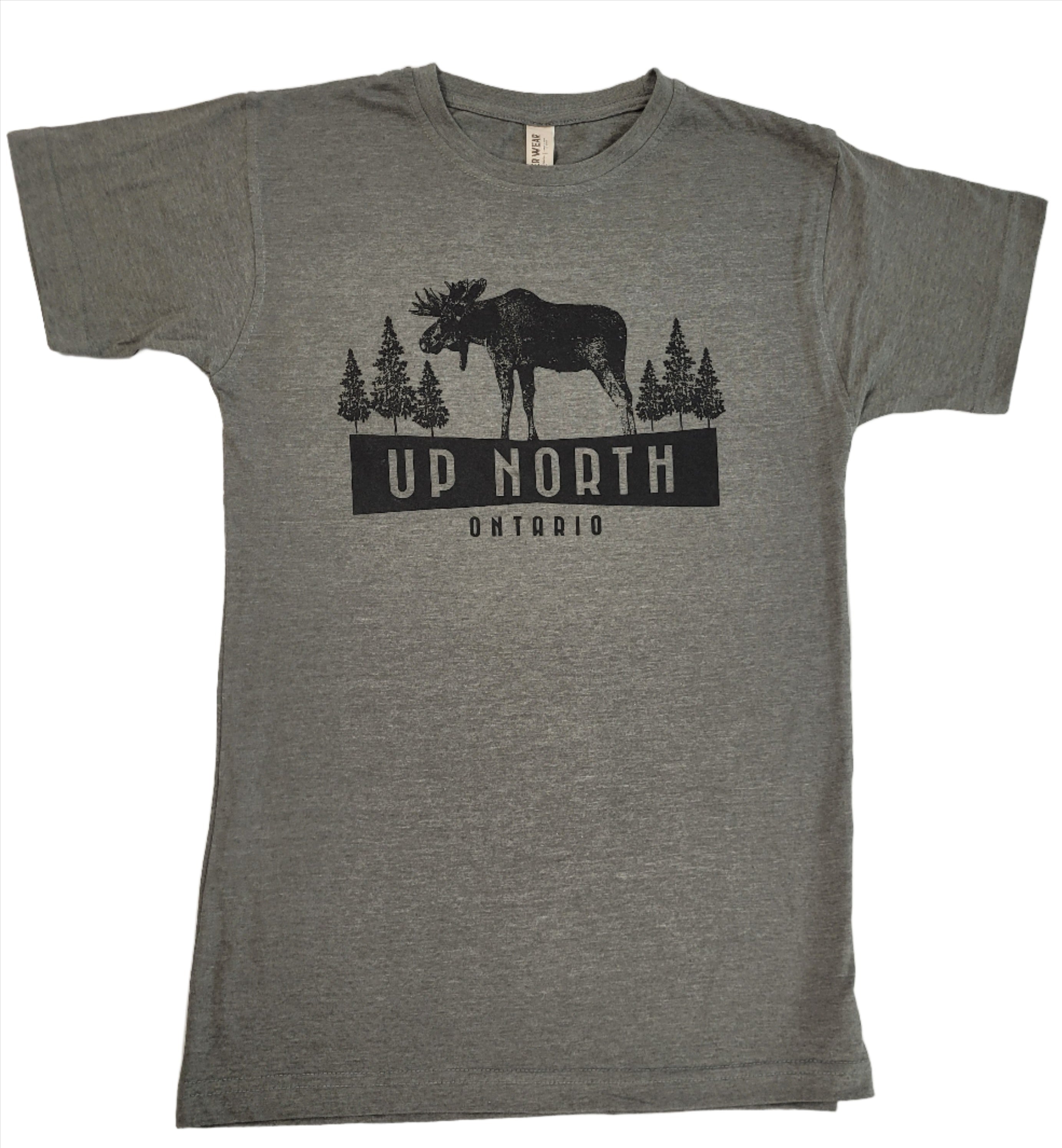 A gray t-shirt with a graphic print of a moose and trees, and the text 'UP NORTH ONTARIO'.