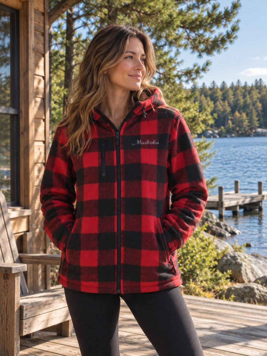 Ladies Red Plaid Jacket with Detachable Hood