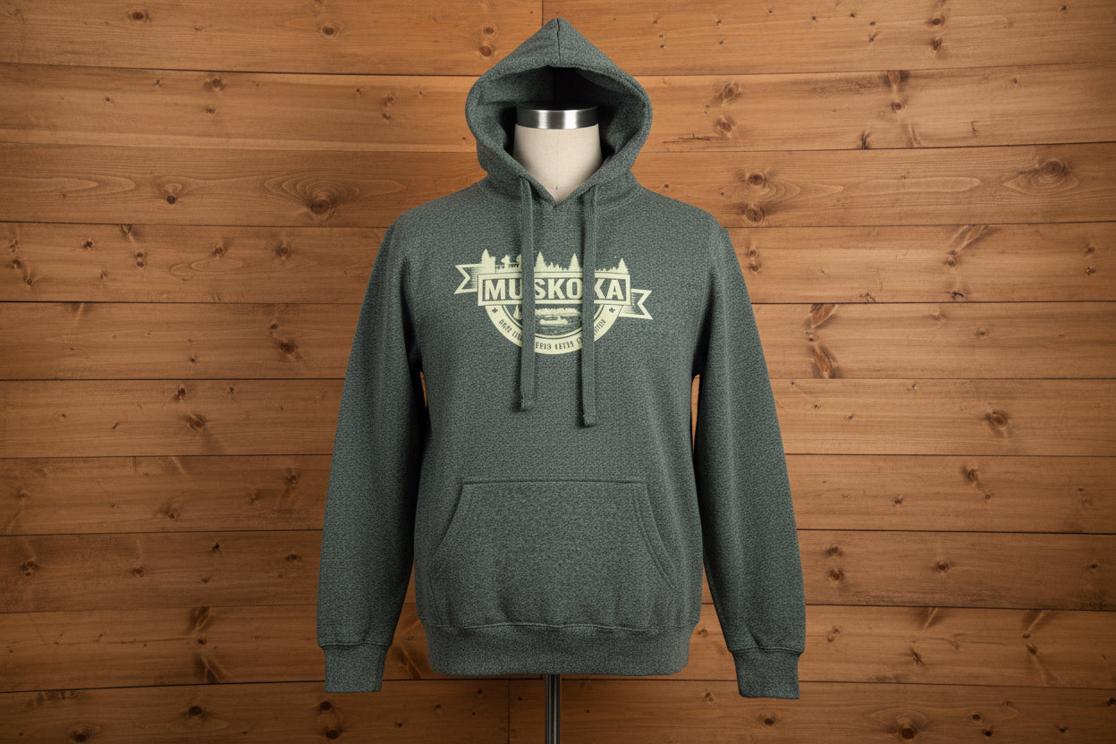 A green heavyweight hoodie with 'MUSKOKA' logo on the front.