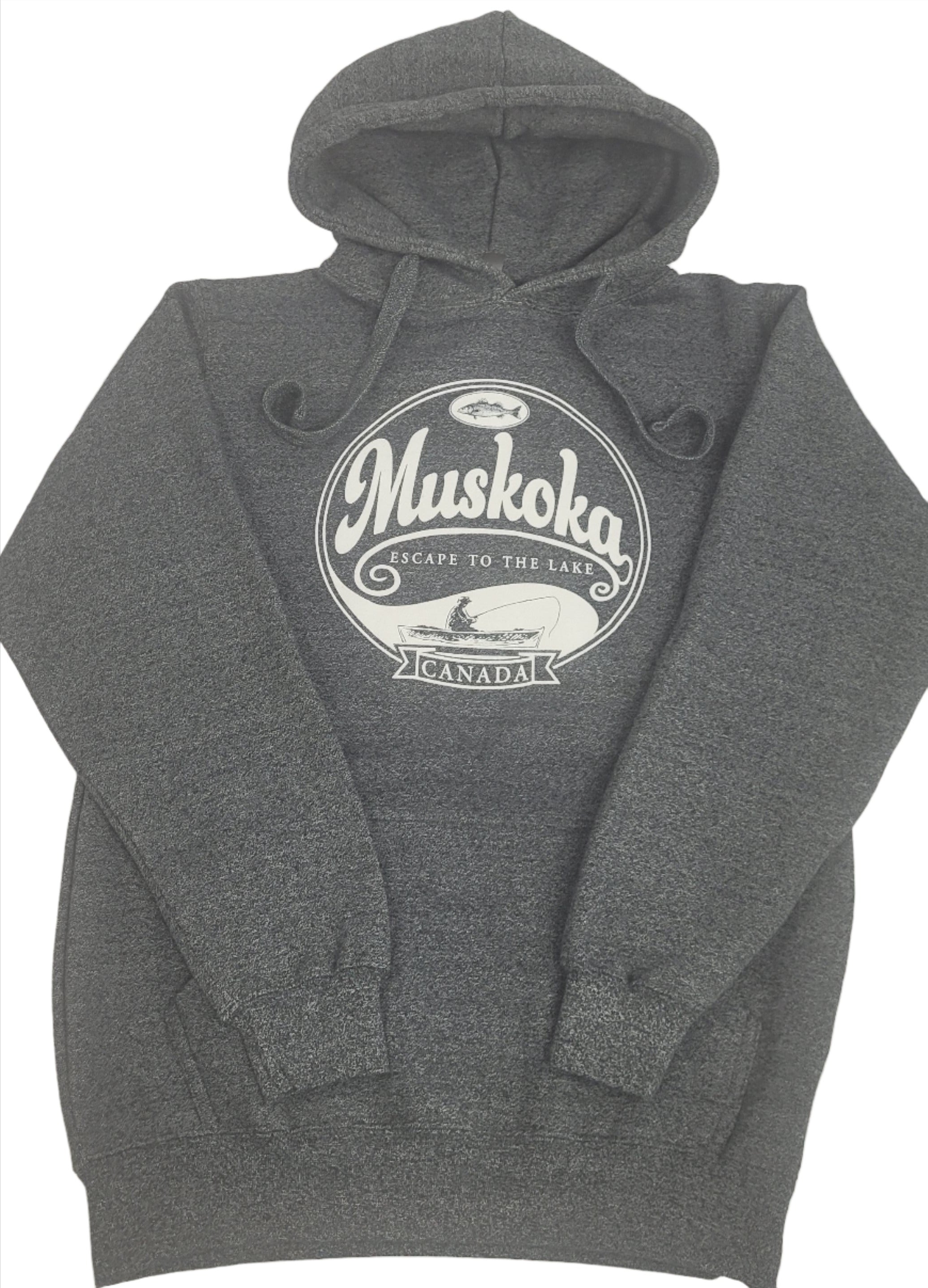 A gray Muskoka brand hoodie with a logo on the front, featuring a hood and a front pouch pocket.