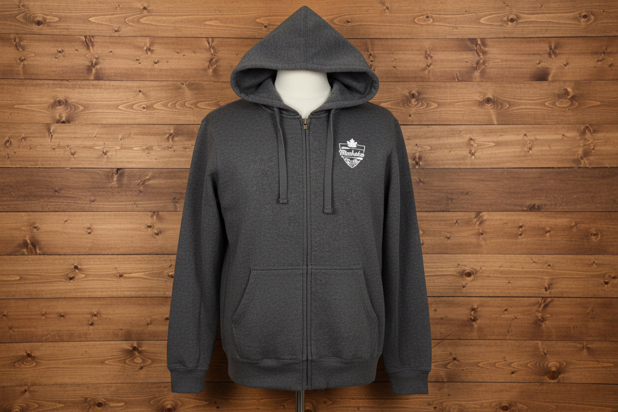 Charcoal grey full zip hoodie with relaxed hood and long sleeves, featuring a white embroidered crest on the front.