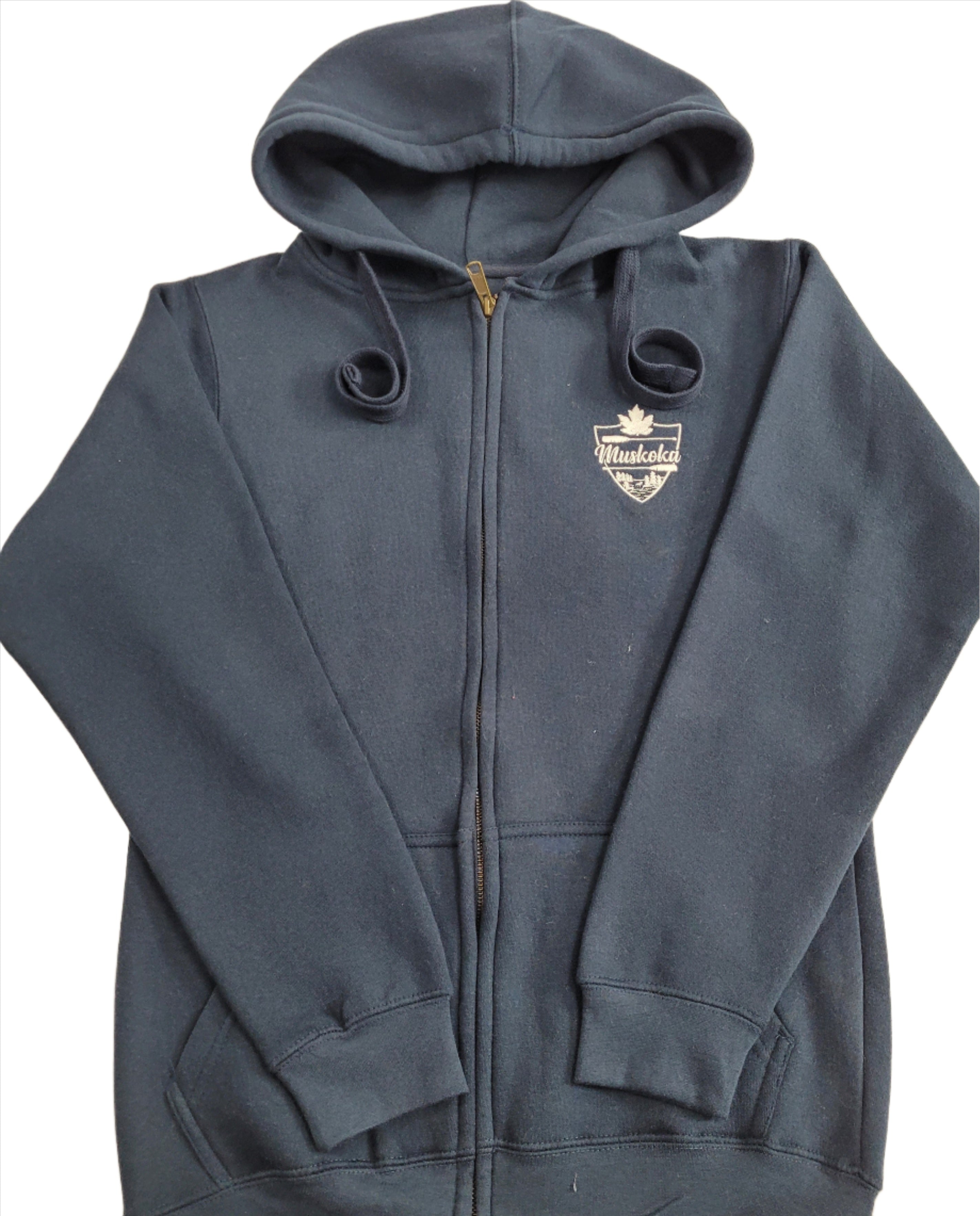 Navy blue full zip heavy hoodie with relaxed hood and long sleeves, featuring a white embroidered Muskoka crest on the front.