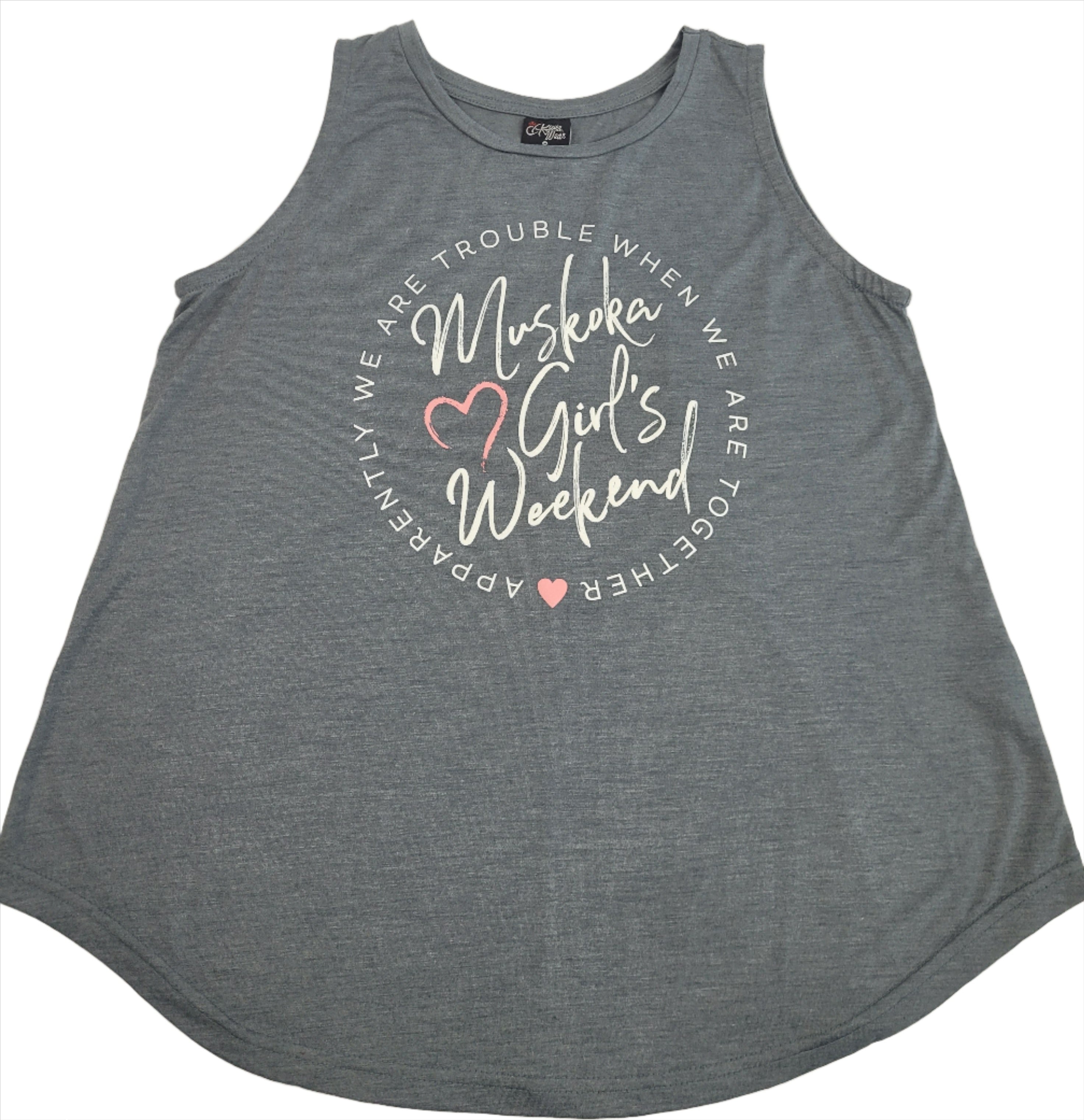 A gray tank top with text and heart graphics, designed for women's weekend events.