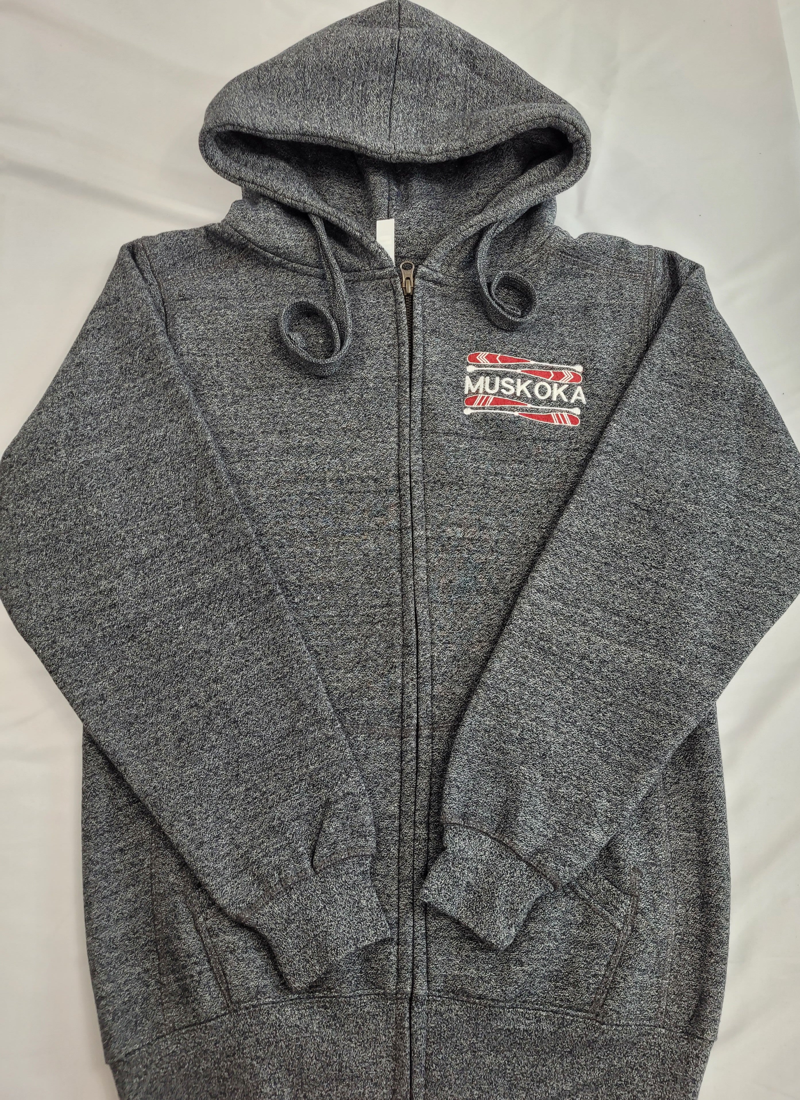 A graphite grey full-zip Muskoka hoodie with a relaxed hood and long sleeves, featuring red embroidered paddles on the front.