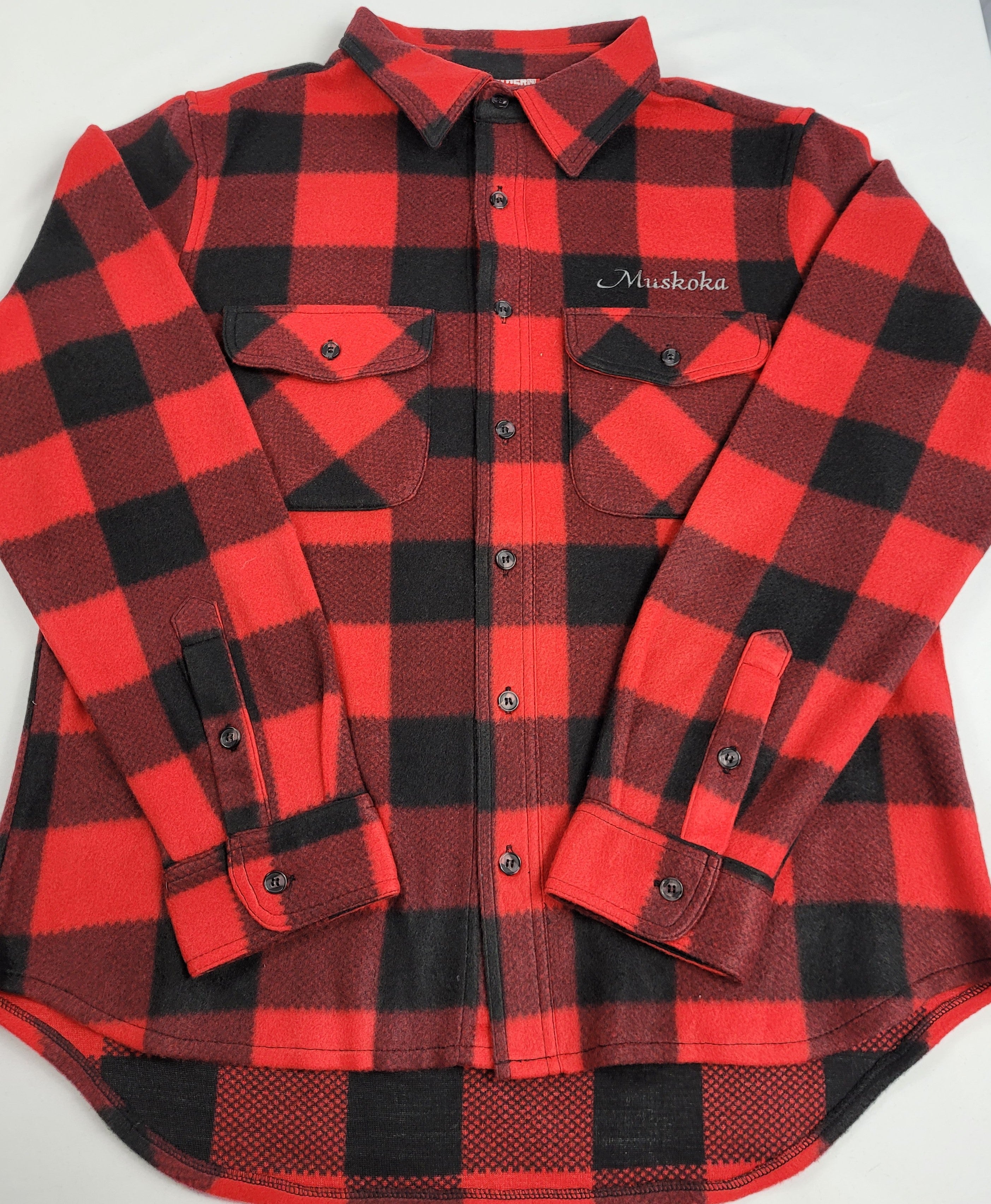 A red and black checkered fleece shirt with a collar and front pockets.